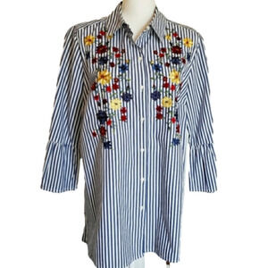 CHARTER CLUB EMBROIDERED BLOUSE SZ 14 BLUE & WHITE